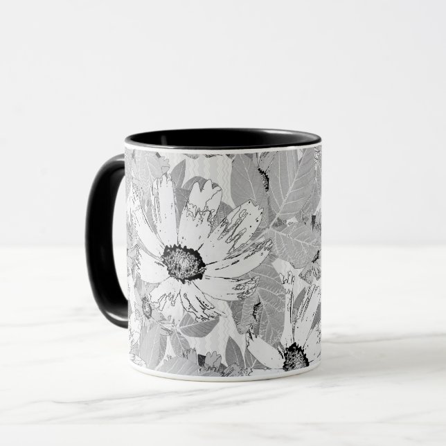 Weiße Blume auf hellgrau. Tasse (Vorderseite Links)