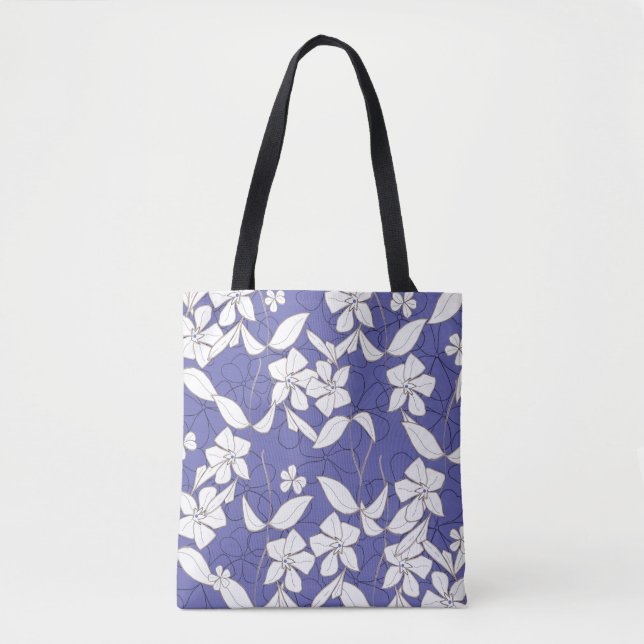 Weiße Blume auf Periwinkle Tasche (Vorderseite)