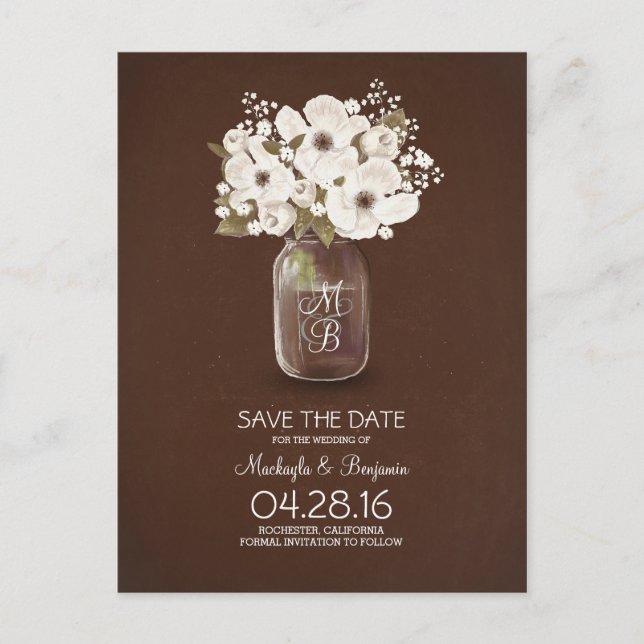 Weiße Blume aus rustikalem Mason Save the Date Ankündigungspostkarte (Vorderseite)