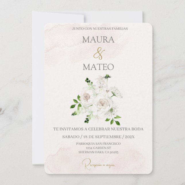 Weiße Blume Beige spanische Hochzeitseinladung Einladung (Vorderseite)