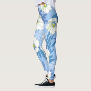 Weiße Blume, blaues Hintergrund-Blumenmuster Leggings