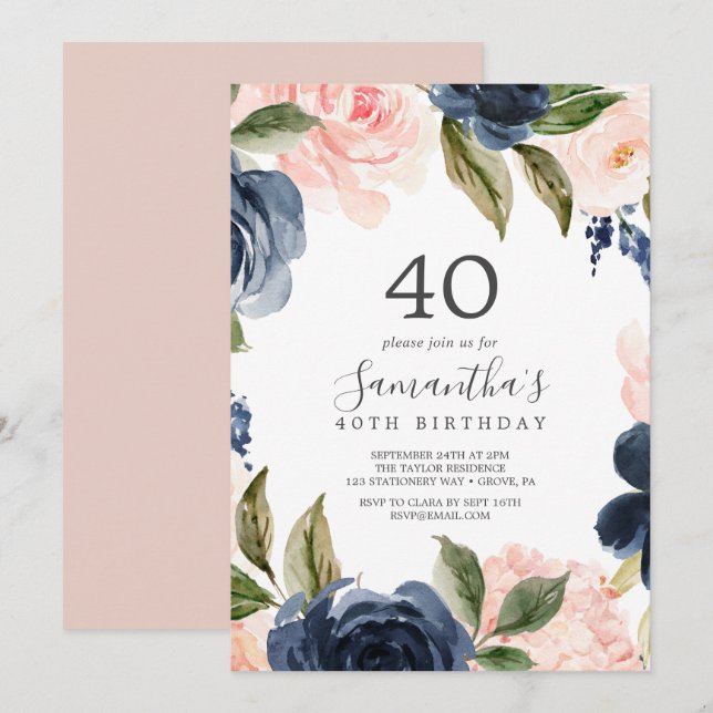 Weiße Blume, Blush und Navy Einladung (Vorne/Hinten)