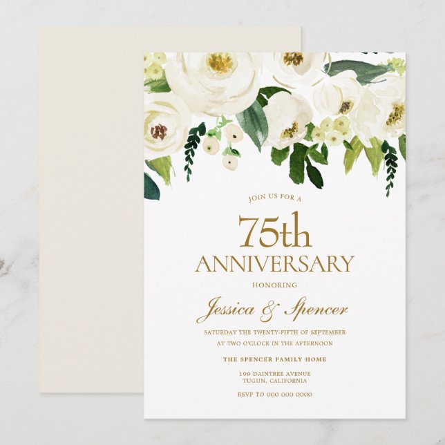 Weiße Blume & Creme 75. Hochzeitstag Einladung (Vorne/Hinten)