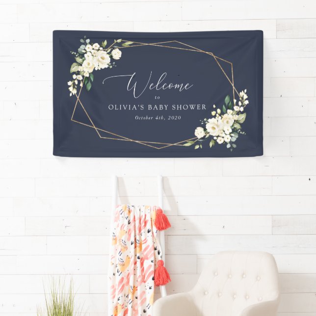 Weiße Blume, Creme-Blume, Babydusche Empfang Banner (Insitu)