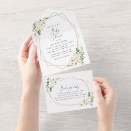 Weiße Blume, Creme-Blume, Boho, Babydusche All In One Einladung