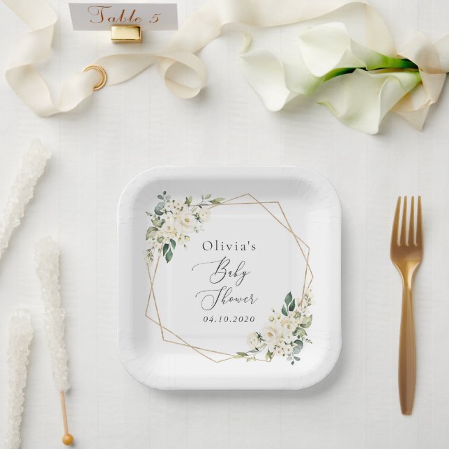 Weiße Blume, Creme-Blume, Boho, Babydusche Pappteller (Hochzeit)