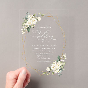 Weiße Blume, cremige Blume, Grünpflanzen, Hochzeit Acryleinladungen
