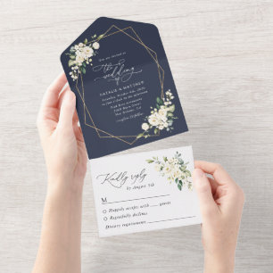Weiße Blume, cremige Blume, Grünpflanzen, Hochzeit All In One Einladung