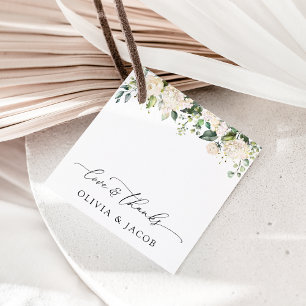 Weiße Blume, cremige Blume, Grünpflanzen, Hochzeit Geschenkanhänger