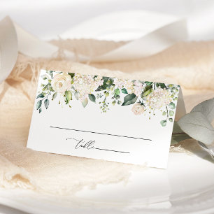 Weiße Blume, cremige Blume, Grünpflanzen, Hochzeit Platzkarte