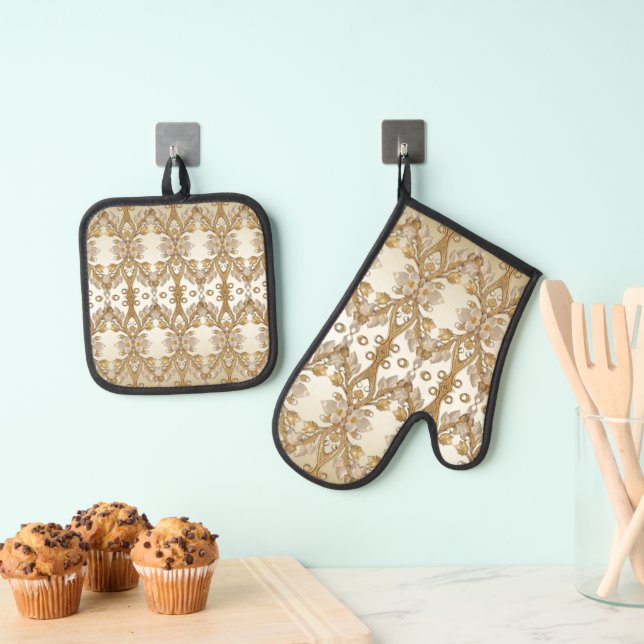 Weiße Blume Decorative Gold Ofenhandschuh & Topflappen-Set (Insitu (Hängend))