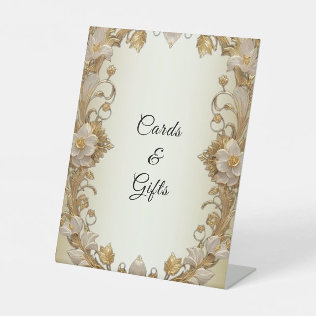 Weiße Blume Dekorative Goldene Tabletop-Zeichen Sockelschild (Vorderseite)