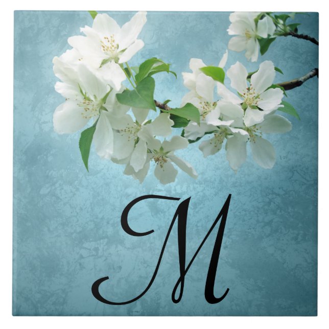 Weiße Blume der Blue Sky Monogram Display Tile Fliese (Vorderseite)