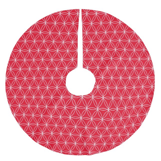 Weiße Blume des Lebensmusters auf Rot Polyester Weihnachtsbaumdecke (Vorderseite)