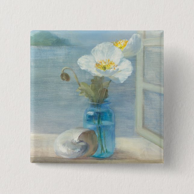 Weiße Blume, die das Meer übersieht Button (Vorderseite)