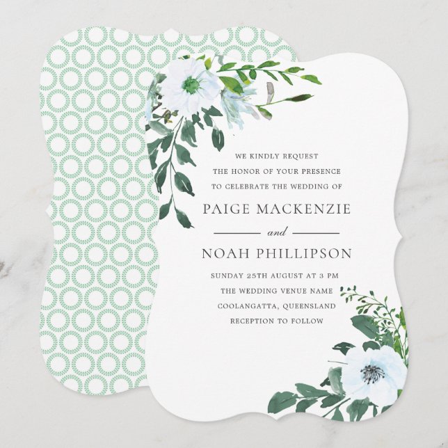 Weiße Blume Elegante Sommergrün Einladung (Vorne/Hinten)