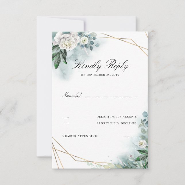 Weiße Blume Eleganter Goldrahmen Hochzeitstil RSVP (Vorderseite)