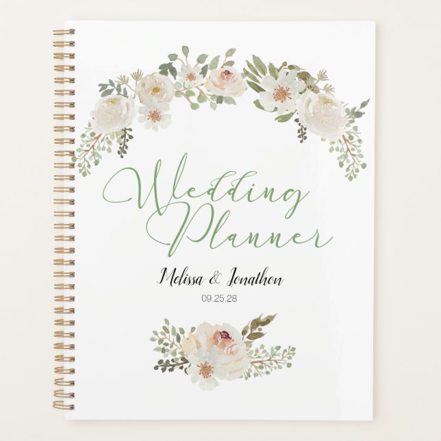 Weiße Blume Eleganter romantischer Hochzeitsplaner Planer (Vorderseite)
