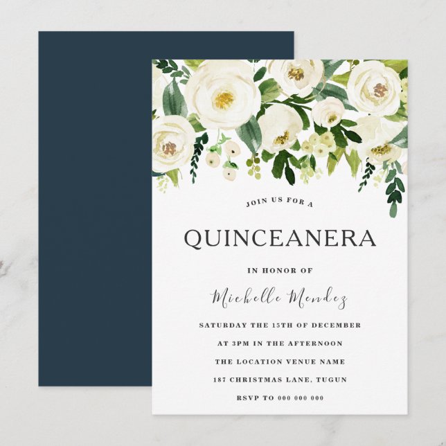 Weiße Blume Elegantes Grün Quinceanera Einladung (Vorne/Hinten)