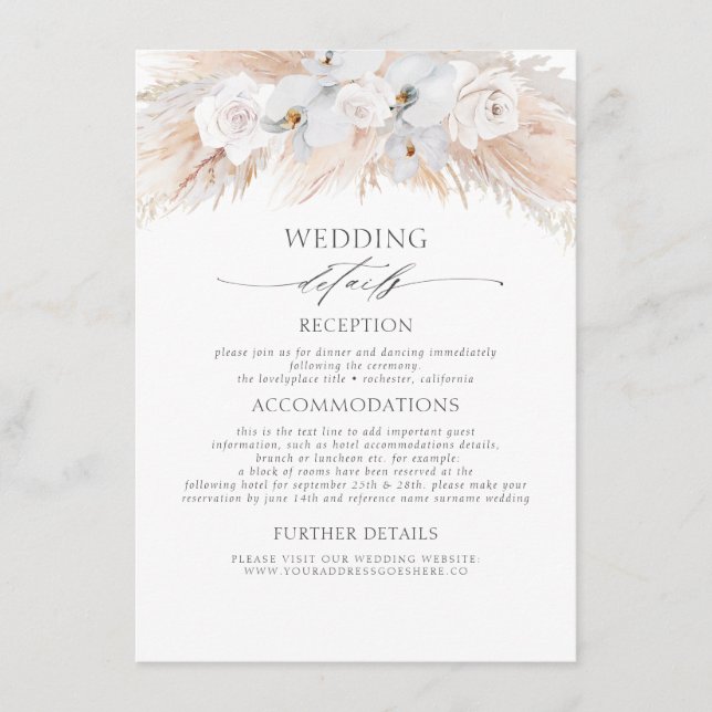 Weiße Blume Exotic Pampas Gras Hochzeiten Details Begleitkarte (Vorderseite)