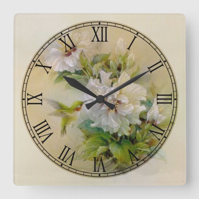 Weiße Blume Feine Kunst römische Zahl Quadratische Wanduhr (Vorderseite)