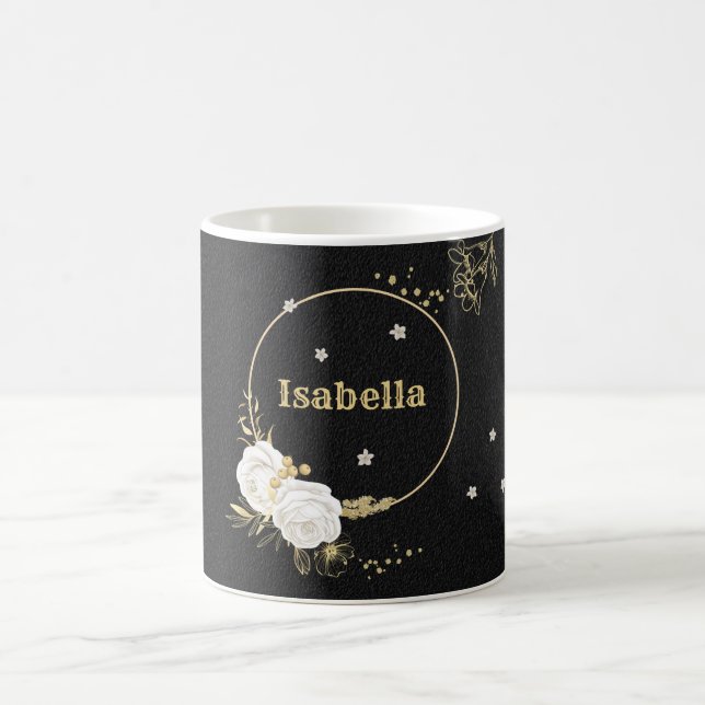 weiße Blume Gold Blätter schwarz Kaffeetasse (Mittel)