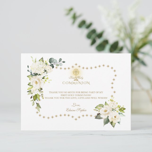 Weiße Blume Gold Glitzer Glitzern Heilige Kommune Dankeskarte (Stehend Vorderseite)