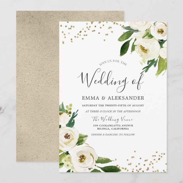 Weiße Blume Golden Modern Wedding Einladung (Vorne/Hinten)