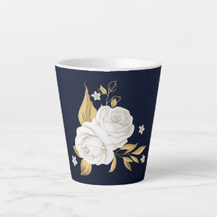 Weiße Blume goldene Blätter marineblau Milchtasse