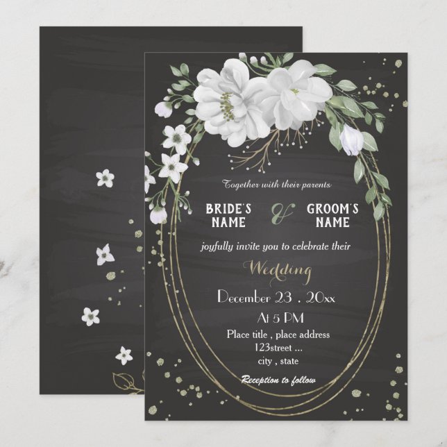 Weiße Blume Grün Blätter Schwarze Hochzeit Einladung (Vorne/Hinten)
