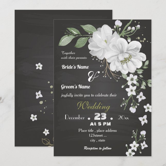 Weiße Blume Grün Blätter Schwarze Hochzeit Einladung (Vorne/Hinten)