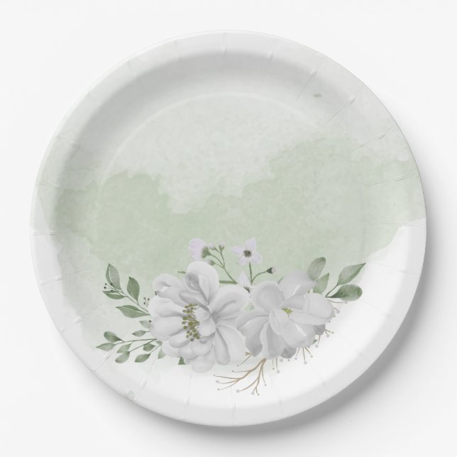 Weiße Blume Grün Blätter Weiß Grün Pappteller (Vorderseite)
