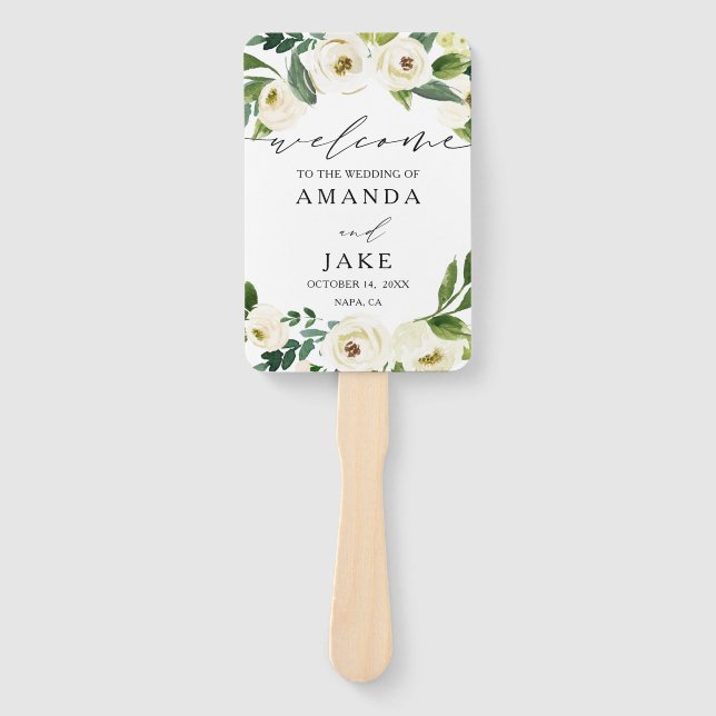Weiße Blume Grün Hochzeit Begrüßung Fächer (Vorderseite)