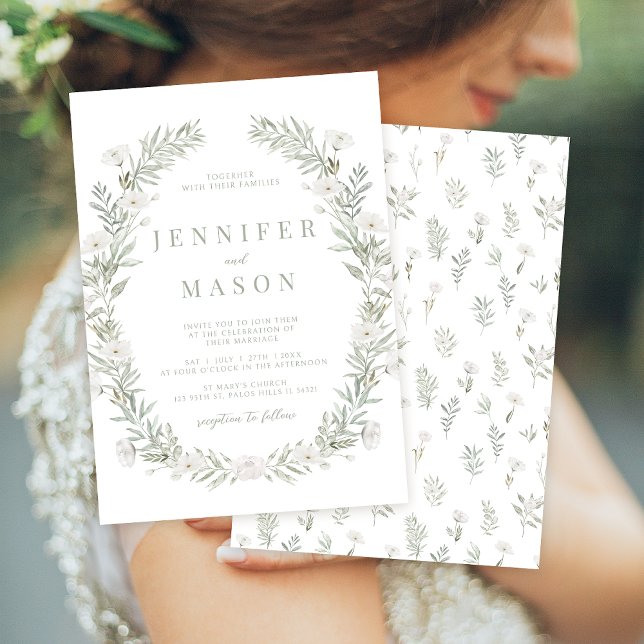 Weiße Blume Grün rustikale Hochzeit Einladung (Von Creator hochgeladen)