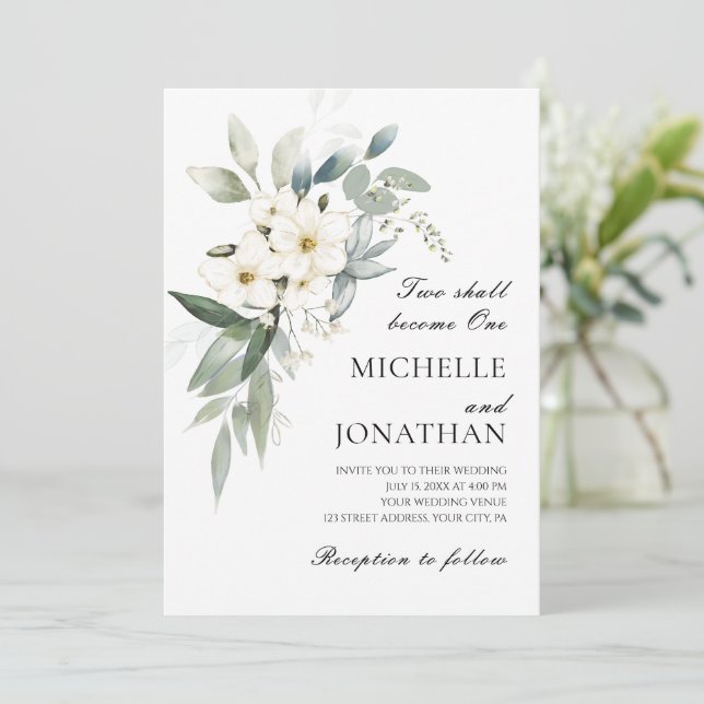 Weiße Blume Grüne Christliche Hochzeit Einladung (Stehend Vorderseite)