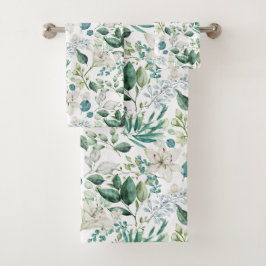 Weiße Blume Grüne Eukalyptus Elegant Badhandtuch Set
