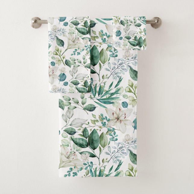 Weiße Blume Grüne Eukalyptus Elegant Badhandtuch Set (Insitu)