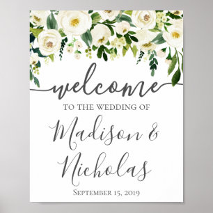 Weiße Blume Grüne Hochzeit Begrüßungszeichen Plaka Poster