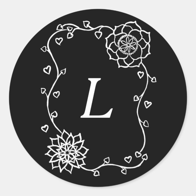 Weiße Blume Herz auf schwarzen Monogramm-Stickern Runder Aufkleber (Vorderseite)