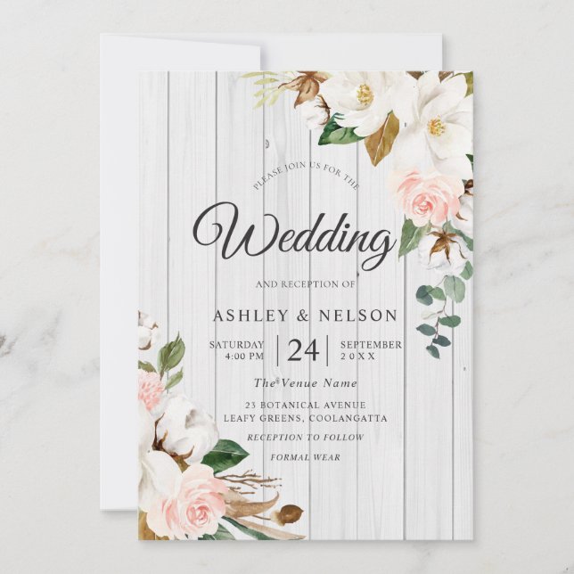 Weiße Blume Hochzeit aus weißem Holz Einladung (Vorderseite)