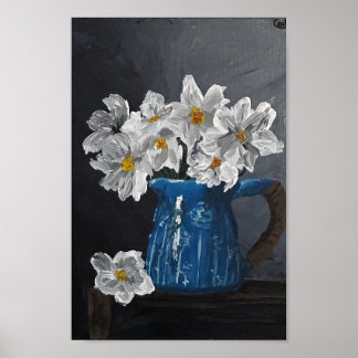 Weiße Blume in einem blauen Pitcher Poster