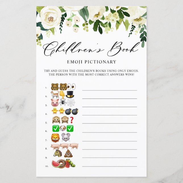 Weiße Blume Kinder buchen Emoji Pictionary Card (Vorderseite)