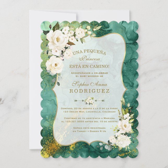Weiße Blume Malachite Gold Spanische Kinderdusche Einladung (Vorderseite)