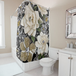 Weiße Blume mit Glitzer und Personalisiertem Namen Duschvorhang