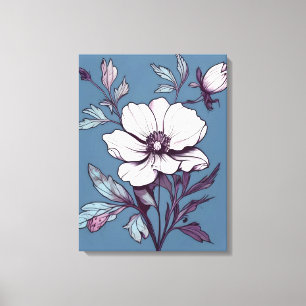 Weiße Blume mit Lila Blätter auf blau Leinwanddruck
