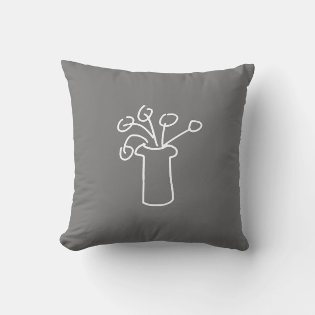 Weiße Blume Moderne Kontur auf Grau Kissen (Vorderseite)