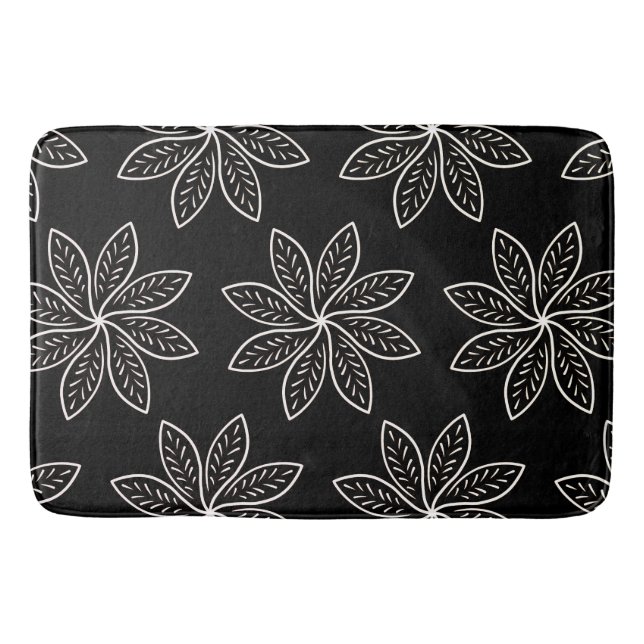 Weiße Blume Muster auf Schwarz Badematte (Vorderseite)