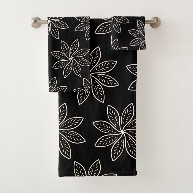 Weiße Blume Muster auf Schwarz Badhandtuch Set (Insitu)