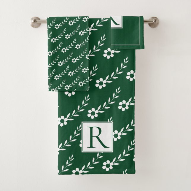 Weiße Blume Muster und Monogramm Smaragdgrün Badhandtuch Set (Insitu)