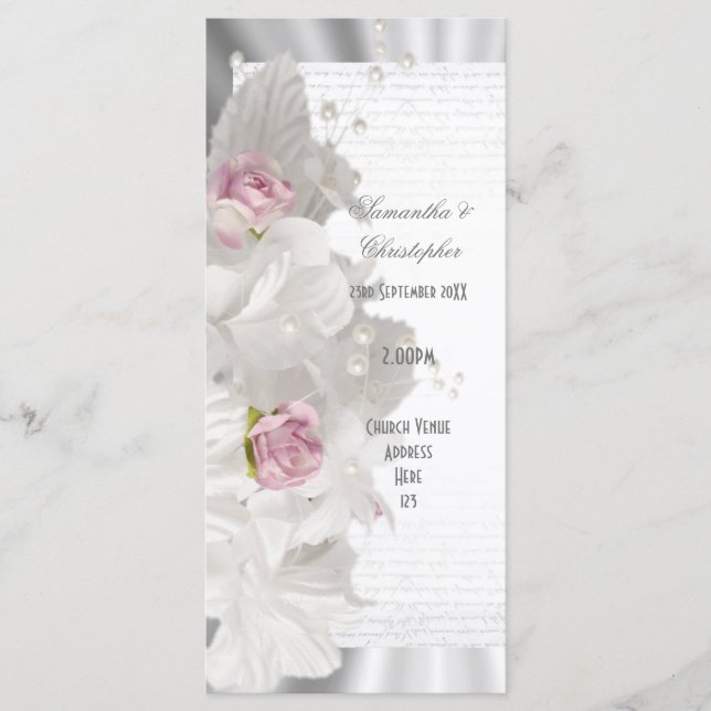 Weiße Blume rosa Rosen Kirchenhochzeitsprogramm Programm (Vorderseite)